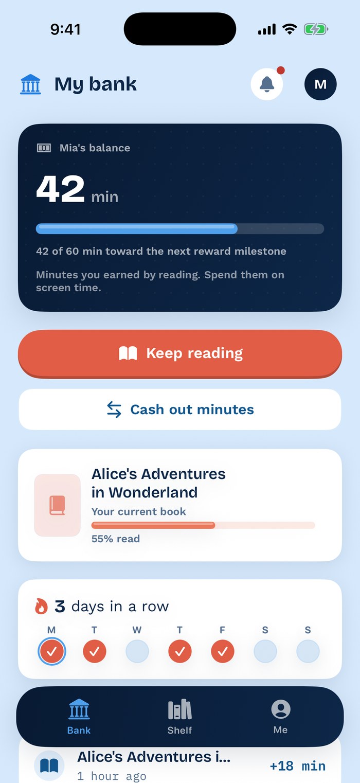 ReadBank Bank screen: 42 minutes saved, a Keep reading button and the weekly streak