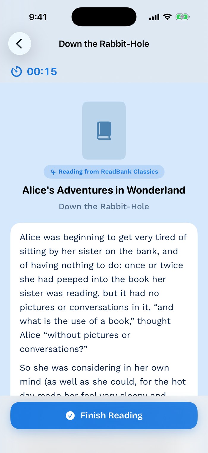 A child reading Alice in Wonderland inside ReadBank