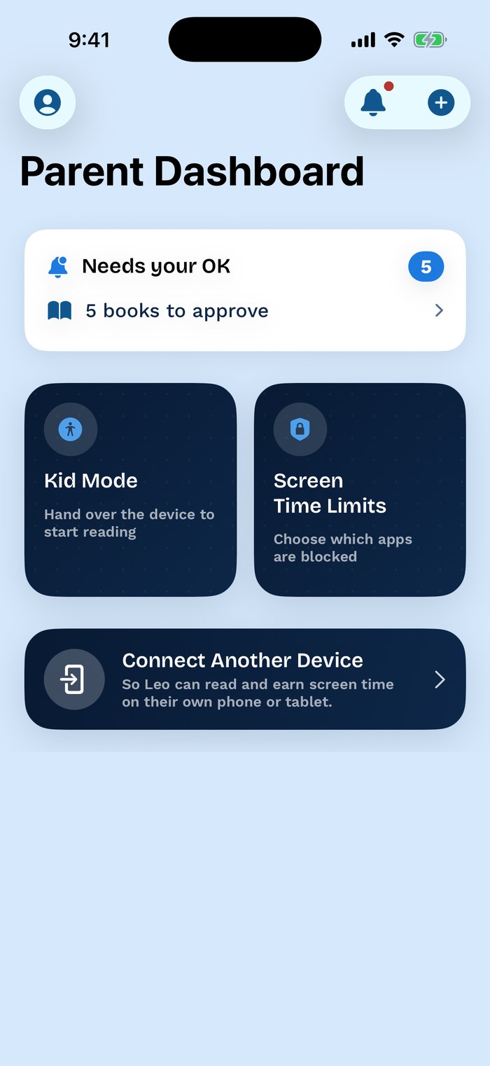 ReadBank parent dashboard with a Needs your OK card for books to approve