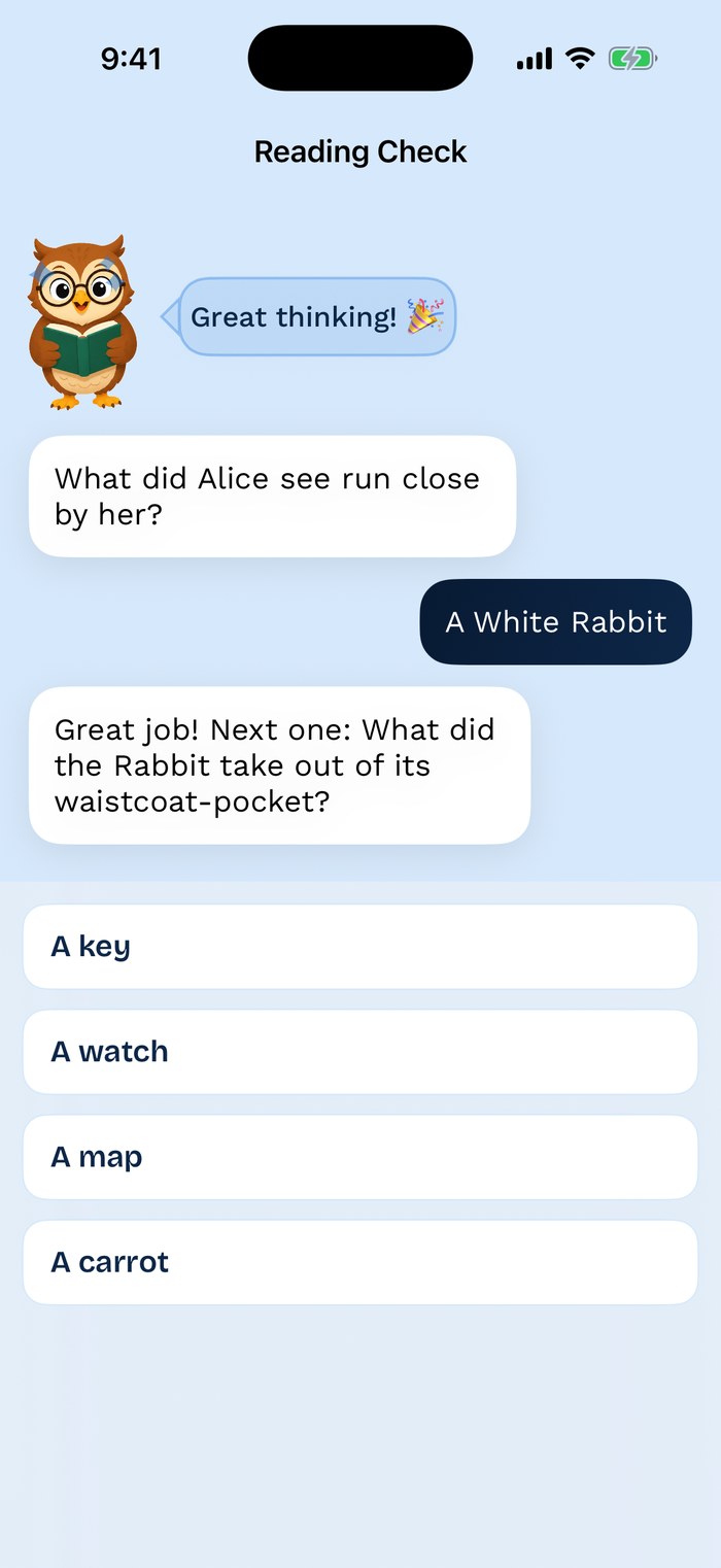 ReadBank reading check: a multiple choice question about Alice in Wonderland